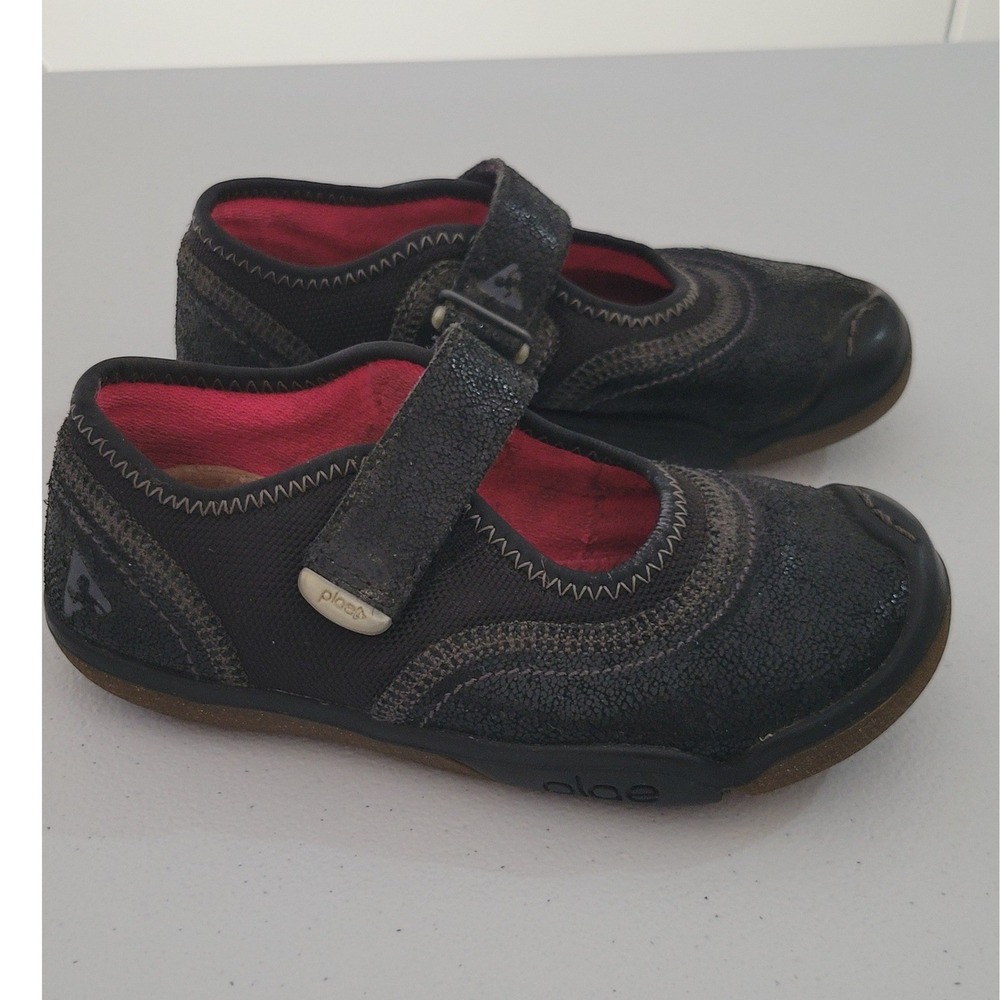 Plae Girls Black Metallic Mary Jane Shoes US 11 Hook & Loop Comfort Slip On